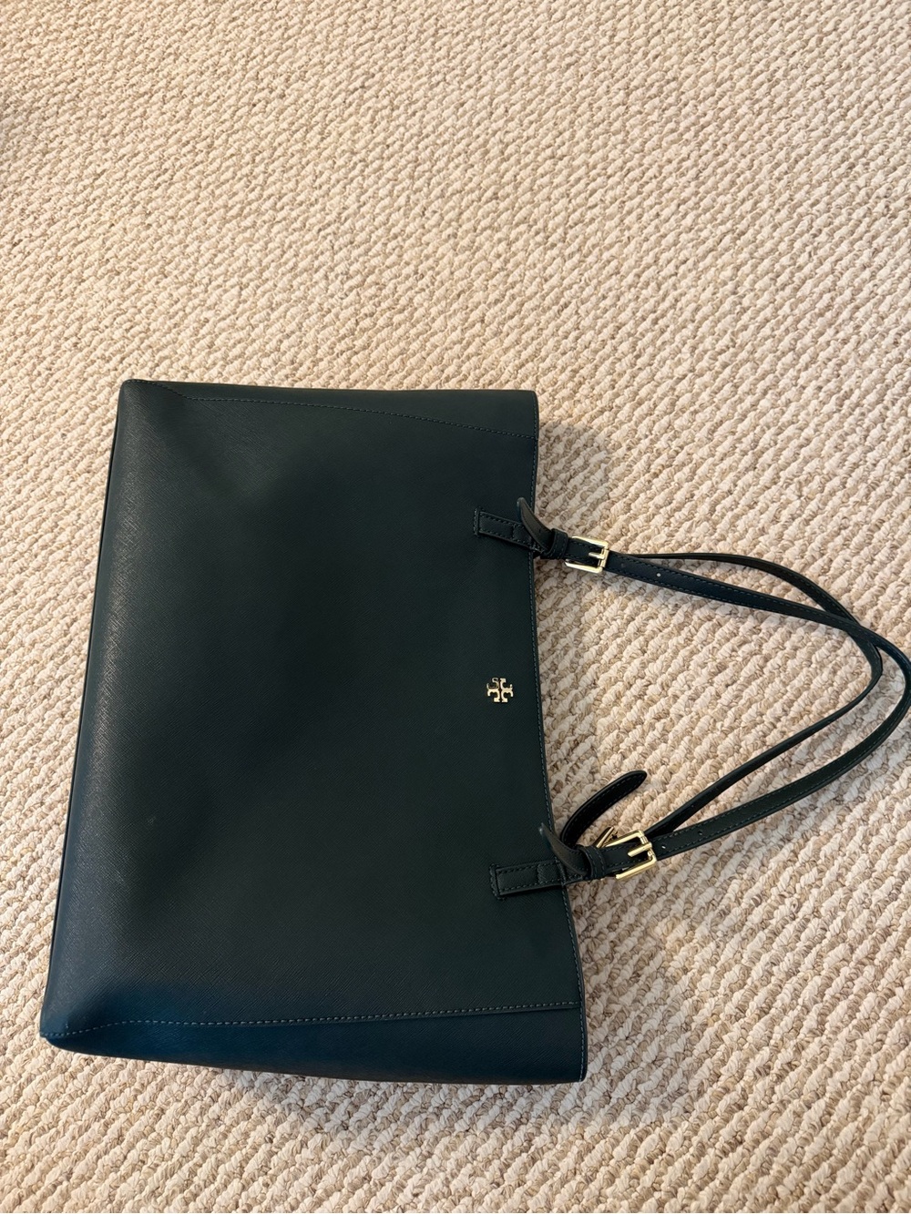 Tory Burch Dark Green Saffiano Shoulder Tote with Gold Logo